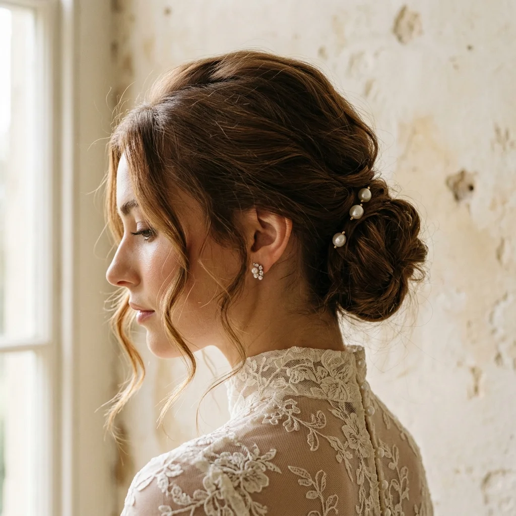 Updo nuptial, pearl pin